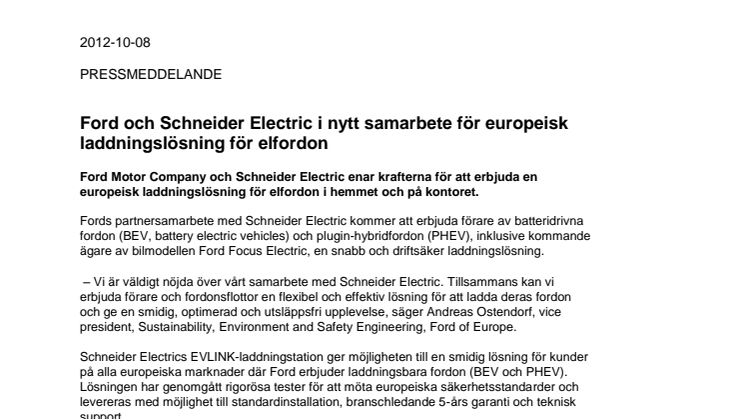 Ford och Schneider Electric i nytt samarbete för europeisk laddningslösning för elfordon 