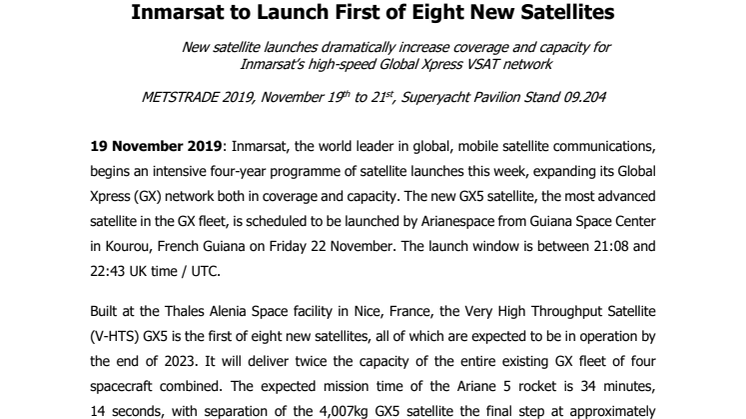 METSTRADE 2019: Inmarsat to Launch First of Eight New Satellites