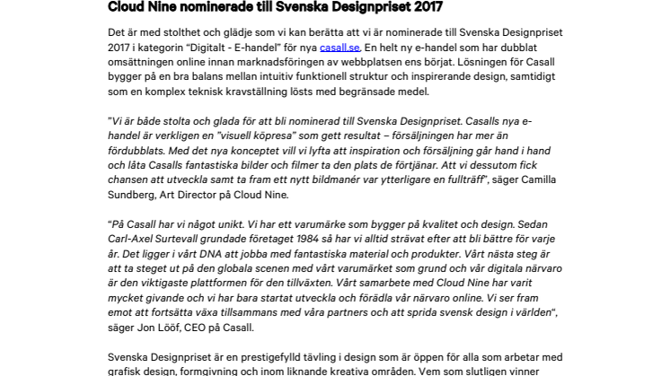Cloud Nine nominerade till Svenska Designpriset 2017