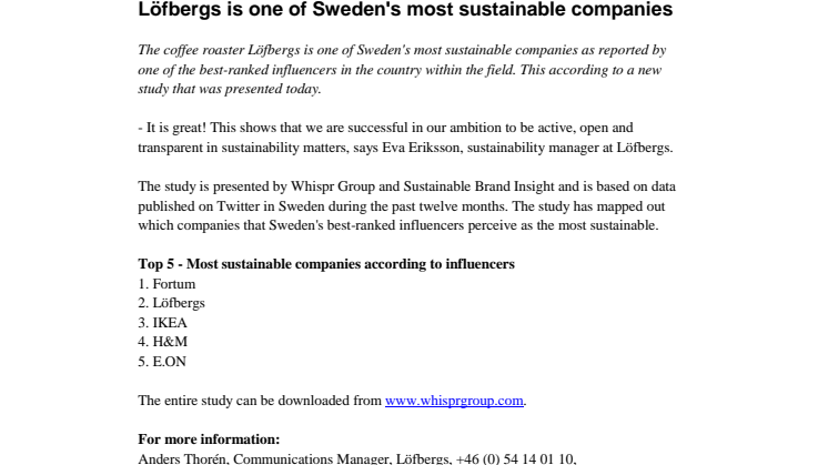Löfbergs is one of Sweden's most sustainable companies