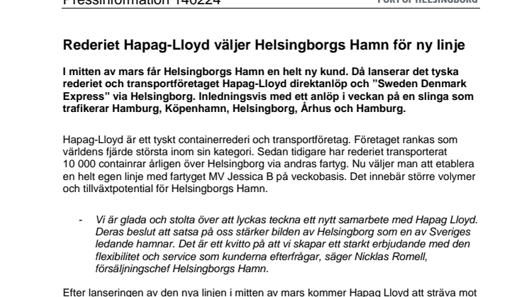 Rederiet Hapag-Lloyd väljer Helsingborgs Hamn för ny linje