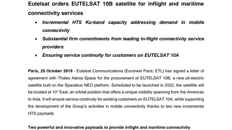 Eutelsat orders EUTELSAT 10B satellite for inflight and maritime connectivity services 