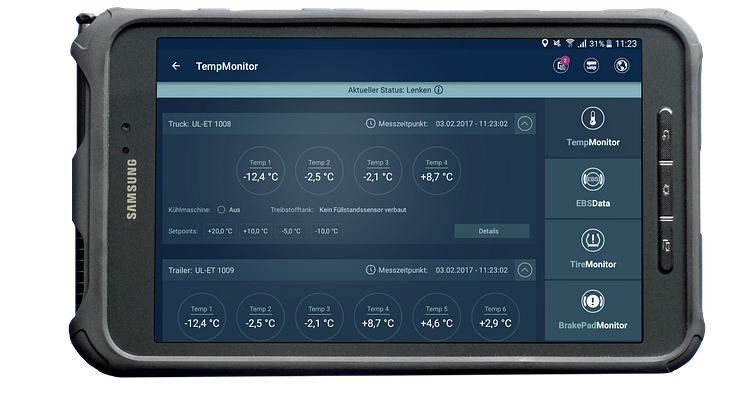 Die cargofleet Driver App lässt das Fahrzeug sprechen, hier beispielsweise die Kühlmaschine
