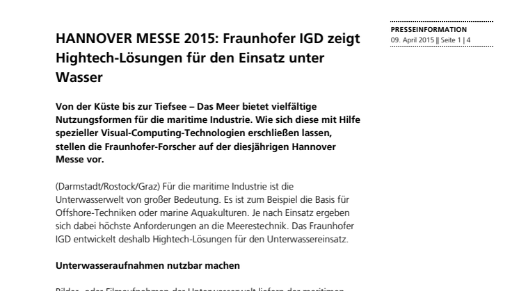 HANNOVER MESSE 2015: Fraunhofer IGD zeigt Hightech-Lösungen für den Einsatz unter Wasser