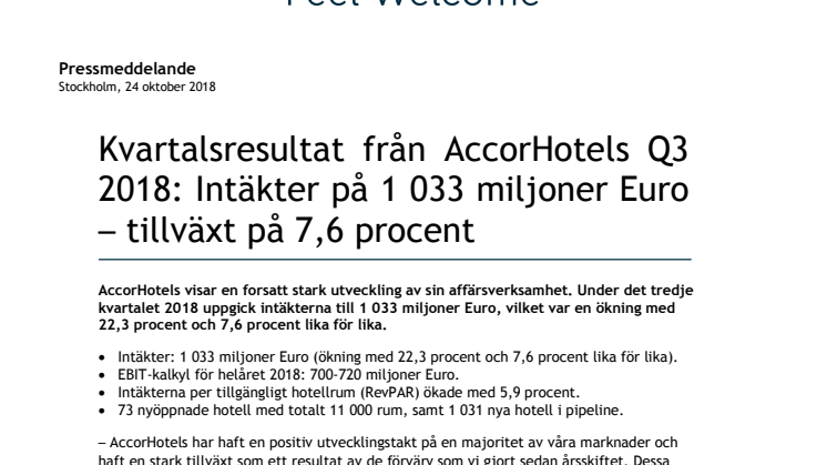 Kvartalsresultat från AccorHotels Q3  2018: Intäkter på 1 033 miljoner Euro – tillväxt på 7,6 procent