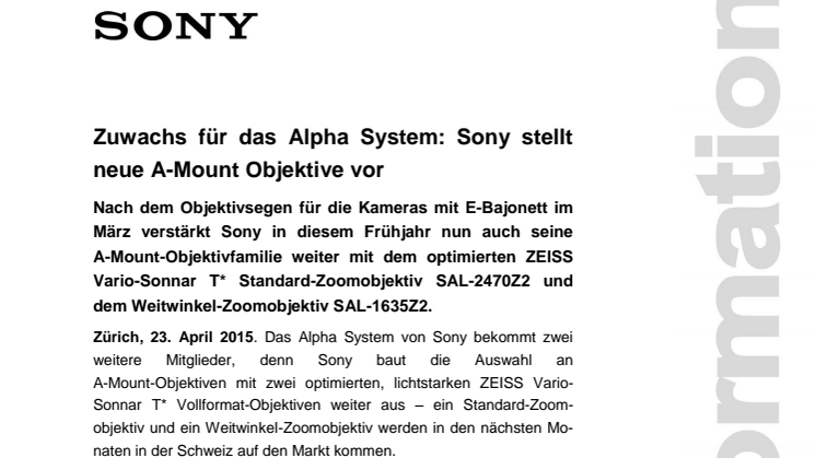 Zuwachs für das Alpha System: Sony stellt neue A-Mount Objektive vor