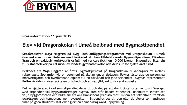 Elev vid Dragonskolan i Umeå belönad med Bygmastipendiet