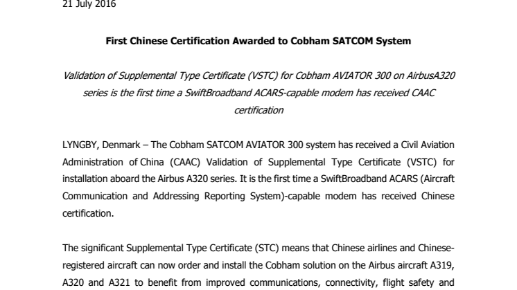 Cobham SATCOM: First Chinese Certification Awarded to Cobham SATCOM System