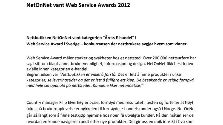 NetOnNet vant Web Service Awards 2012