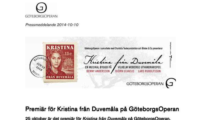 Premiär för Kristina från Duvemåla på GöteborgsOperan