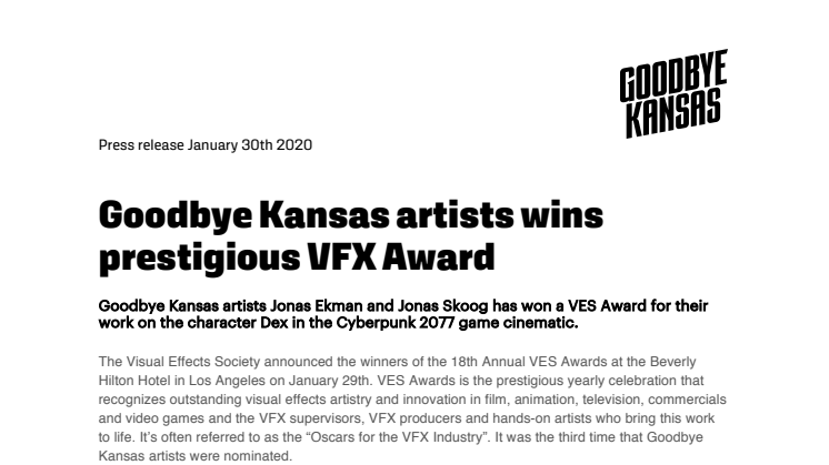 Goodbye Kansas wins prestigious VFX Award