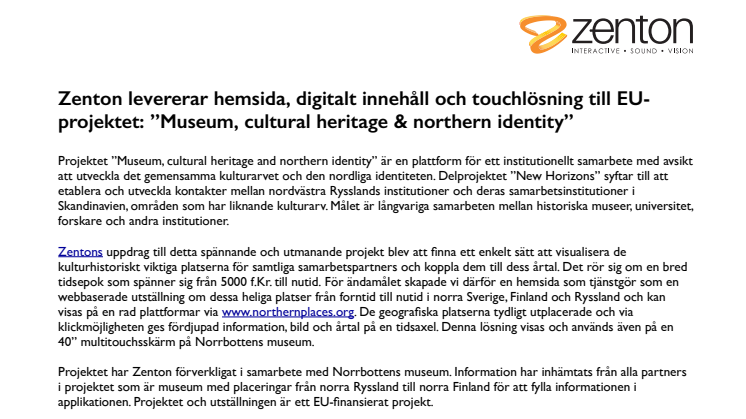 Zenton levererar hemsida, digitalt innehåll och touchlösning till EU-projektet: ”Museum, cultural heritage & northern identity”