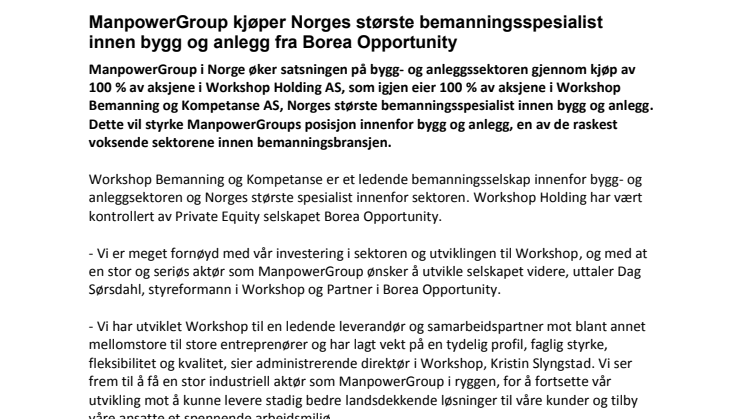 ManpowerGroup kjøper Norges største bemanningsspesialist innen bygg og anlegg fra Borea Opportunity