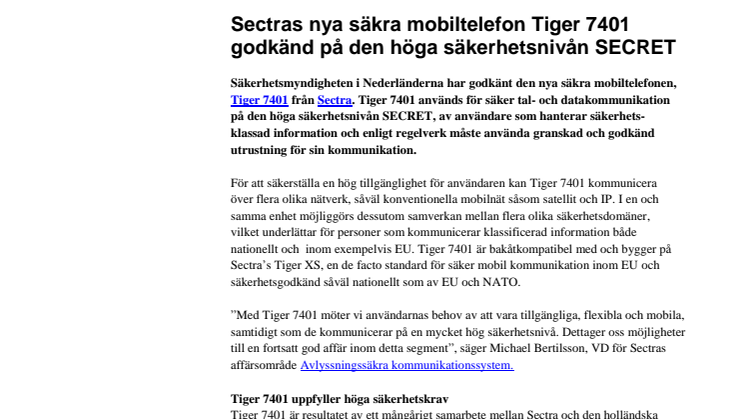 Sectras nya säkra mobiltelefon Tiger 7401 godkänd på den höga säkerhetsnivån SECRET