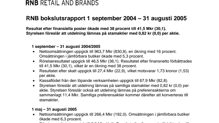 RNB bokslutsrapport 1 september 2004  31 augusti 2005