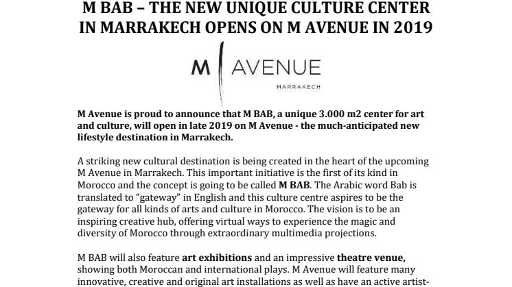 M BAB – THE NEW UNIQUE CULTURE CENTER IN MARRAKECH OPENS ON M AVENUE IN 2019
