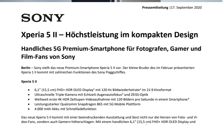 Sony Pressemitteilung - Sony stellt das Xperia 5 II vor