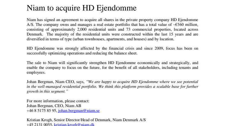 Niam to acquire HD Ejendomme
