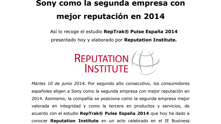 Los españoles vuelven a elegir a Sony como la segunda empresa con mejor reputación en 2014