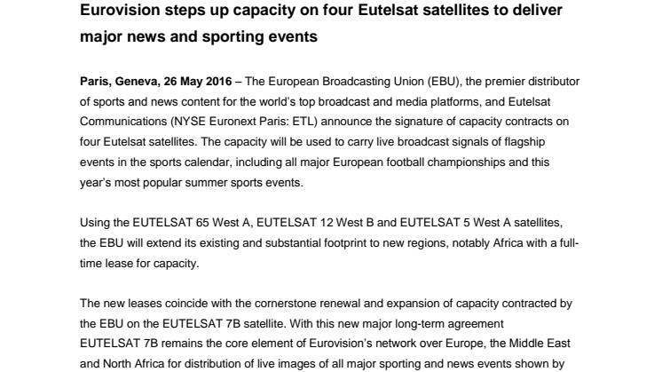 Eurovision steps up capacity on four Eutelsat satellites to deliver major news and sporting events