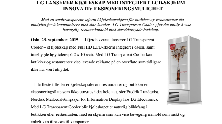 LG LANSERER KJØLESKAP MED INTEGRERT LCD-SKJERM  – INNOVATIV EKSPONERINGSMULIGHET 