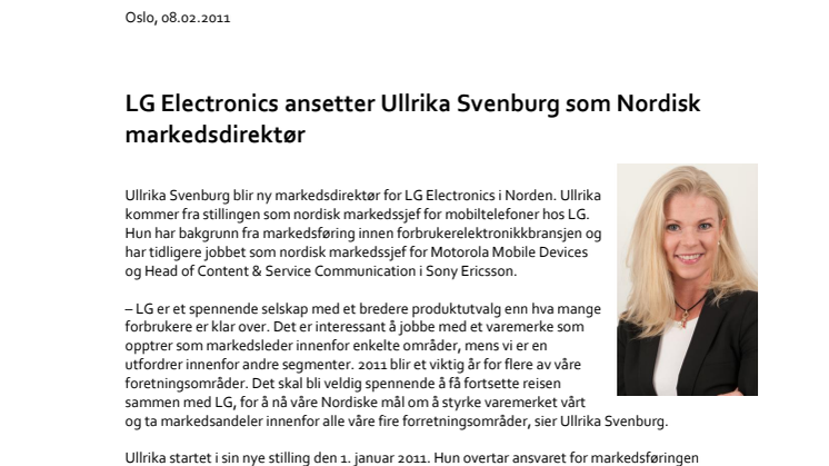 LG Electronics ansetter Ullrika Svenburg som nordisk markedsdirektør