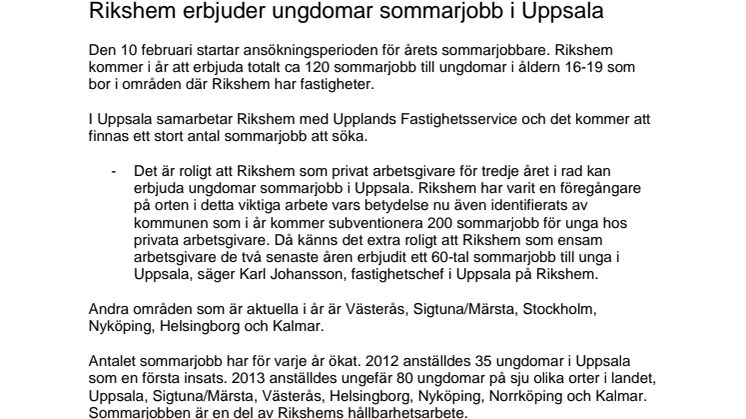 Rikshem erbjuder ungdomar sommarjobb i Uppsala