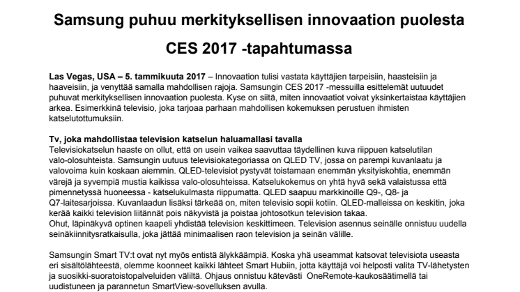 Samsung puhuu merkityksellisen innovaation puolesta CES 2017 -tapahtumassa
