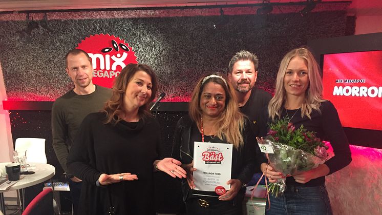 Johanne Gabrielson, marknadschef på Frölunda Torg, och Johanna Lennerhov, marknadsassistent på Frölunda Torg, tog emot det fina priset av Ingemar, Linda och Peter.