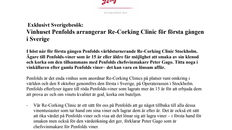 Vinhuset Penfolds arrangerar Re-Corking Clinic för första gången i Sverige