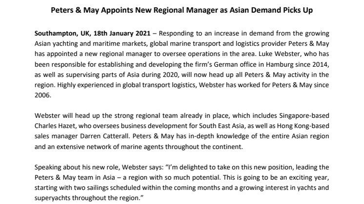 Peters & May Appoints New Regional Manager as Asian Demand Picks Up