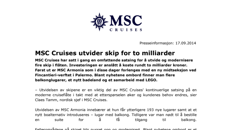 MSC Cruises utvider skip for to milliarder 