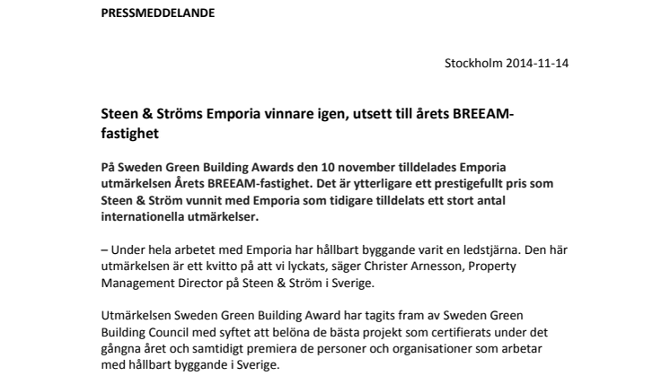 ​Steen & Ströms Emporia vinnare igen, utsett till årets BREEAM-fastighet