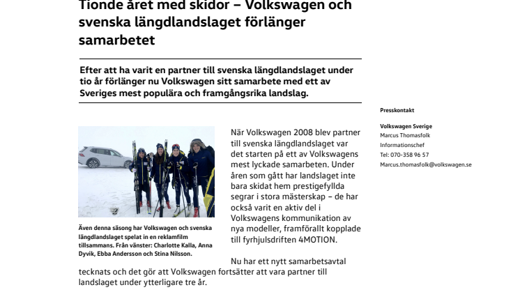 Tionde året med skidor – Volkswagen och svenska längdlandslaget förlänger samarbetet