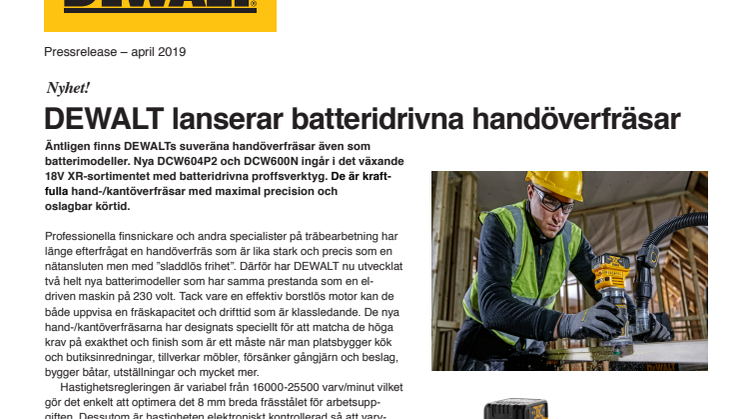 DEWALT lanserar batteridrivna handöverfräsar