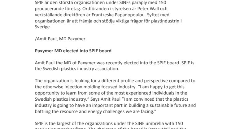 Paxymers VD invald i SPIFs styrelsen