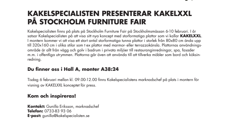Kakelspecialisten visar KAKELXXL på Stockholm Furniture Fair 2018