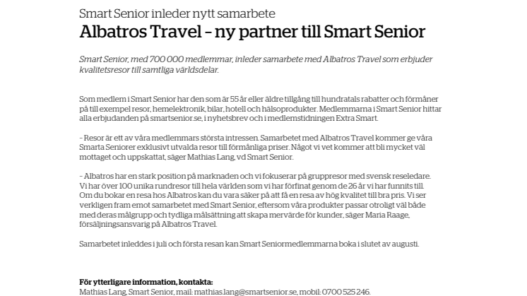 Smart Senior inleder samarbete med Albatros Travel
