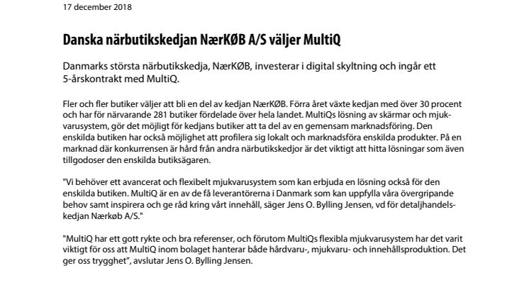 Danska närbutikskedjan NærKØB A/S väljer MultiQ