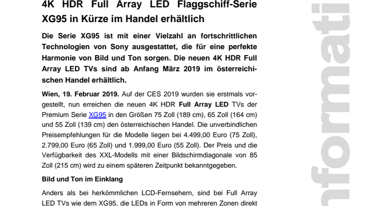 4K HDR Full Array LED Flaggschiff-Serie XG95 in Kürze im Handel erhältlich