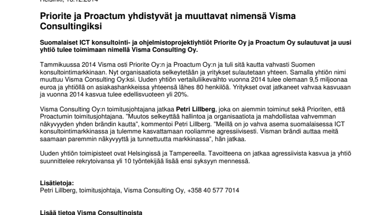 Priorite ja Proactum yhdistyvät ja muuttavat nimensä Visma Consulting Oy:ksi
