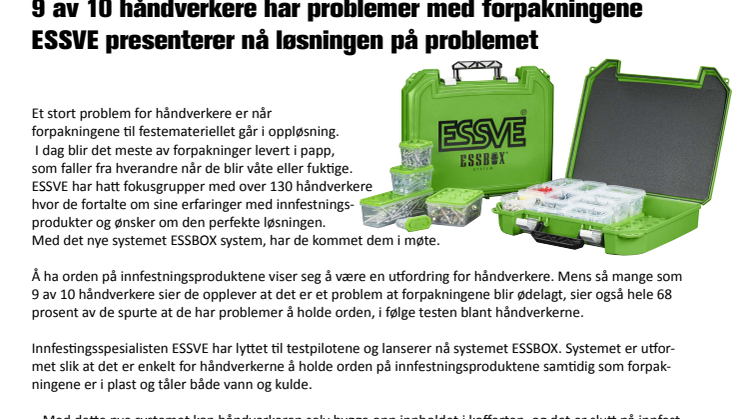 9 av 10 håndverkere har problemer med forpakningene - ESSVE presenterer nå løsningen på problemet