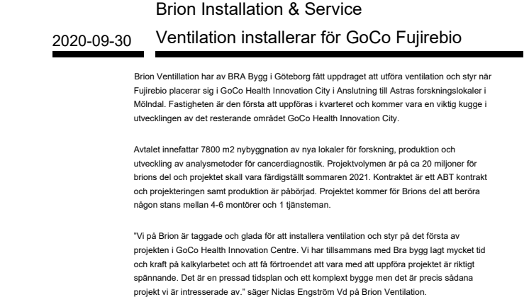 Brion Installation & Service Ventilation installerar för GoCo Fujirebio
