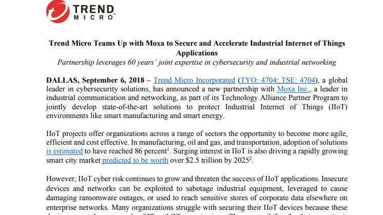 Trend Micro inleder partnerskap med Moxa för att utveckla säkerheten inom industriell IoT