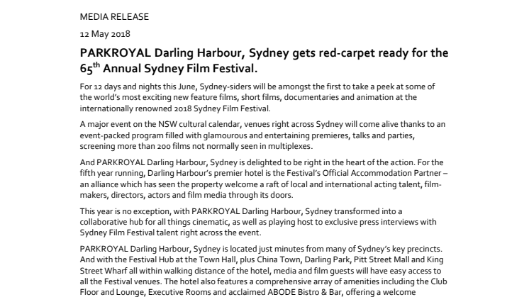 PARKROYAL Darling Harbour, Sydney gets Red-carpet Ready for the 65th Annual Sydney Film Festival.