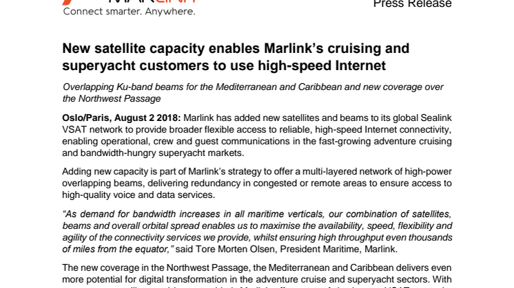 New satellite capacity enables Marlink’s cruising and superyacht customers to use high-speed Internet 