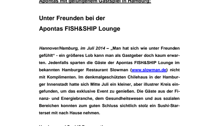 Apontas mit gelungenem Gastspiel in Hamburg: Unter Freunden bei der Apontas FISH&SHIP Lounge