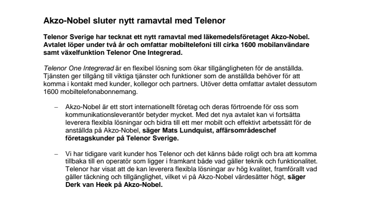 AkzoNobel sluter nytt ramavtal med Telenor