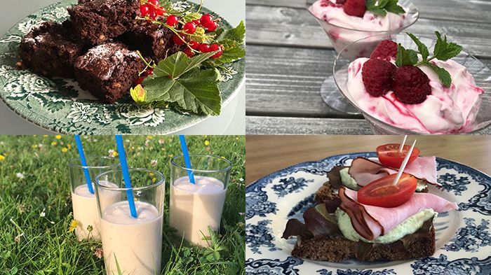 Aptitretare, proteinrika mellanmål och bakverk lagade vid utbildningar för personal i projektet  SMAK: brownie gjord på bönor, bärkvarg, Nyponkärlek (smoothie) och snittar med ärtkräm.