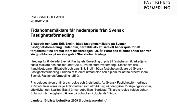 Tidaholmsmäklare får hederspris från Svensk Fastighetsförmedling 